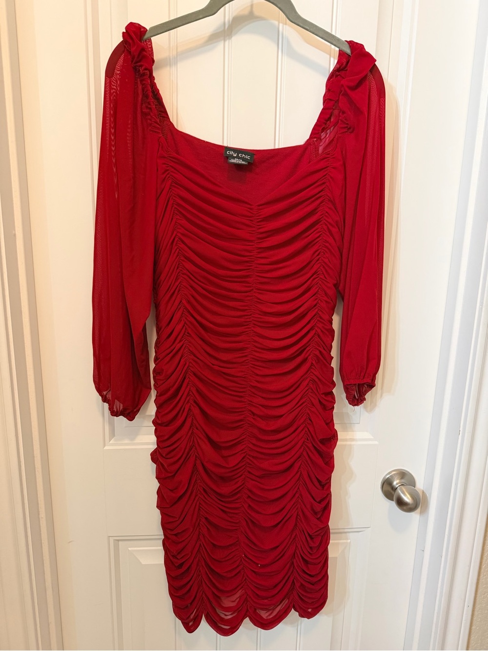 City Chic Red Ruched Midi Dress with Bishop Sleeves